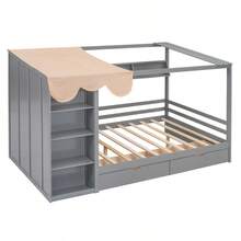 Full Size House Bed With Two Drawers And Wardrobe, Gray - 灰色+實木+全如圖 - 查看 6