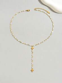 LIEBEIRIS 1pc 18k Gold Plated Y-Shape Cross & Tassel Stainless Steel Necklace, Suitable For Women Daily Wear & Gift