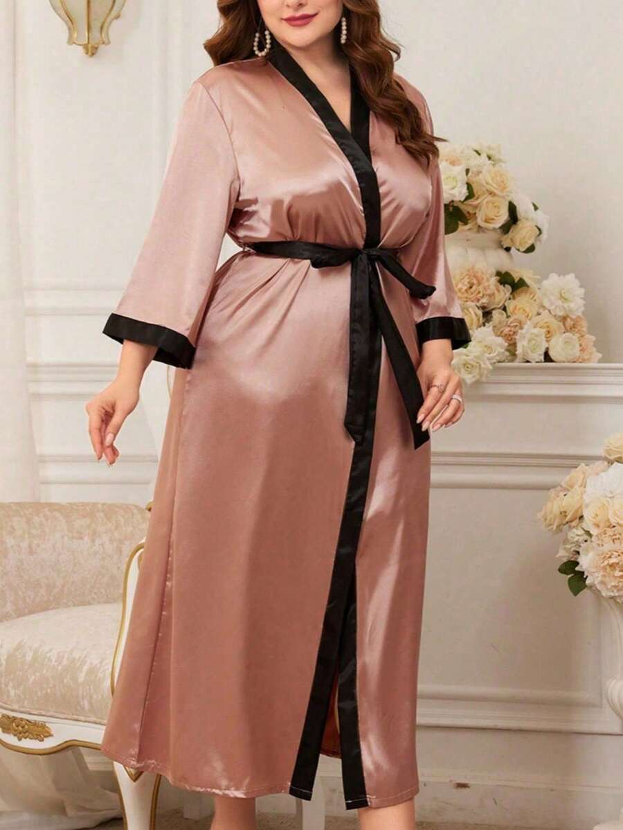 冰丝时尚休闲宽松大码系腰拼接印花睡袍,舒适家居服长款性感睡袍,适合所有季节 - 粉色 - 查看 1
