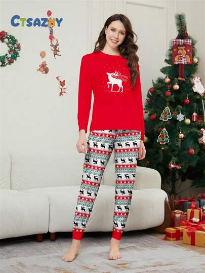 2pcs Women Home Clothes Set With Artistic Deer, Snowflake, Star Plaid Patchwork Random Print
