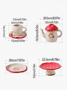 1 pièce Set à thé en céramique créatif haut de gamme en forme de champignon rouge, comprenant une théière, une verseuse, une assiette à dessert, une tasse et une soucoupe. Accessoires de maison de luxe.