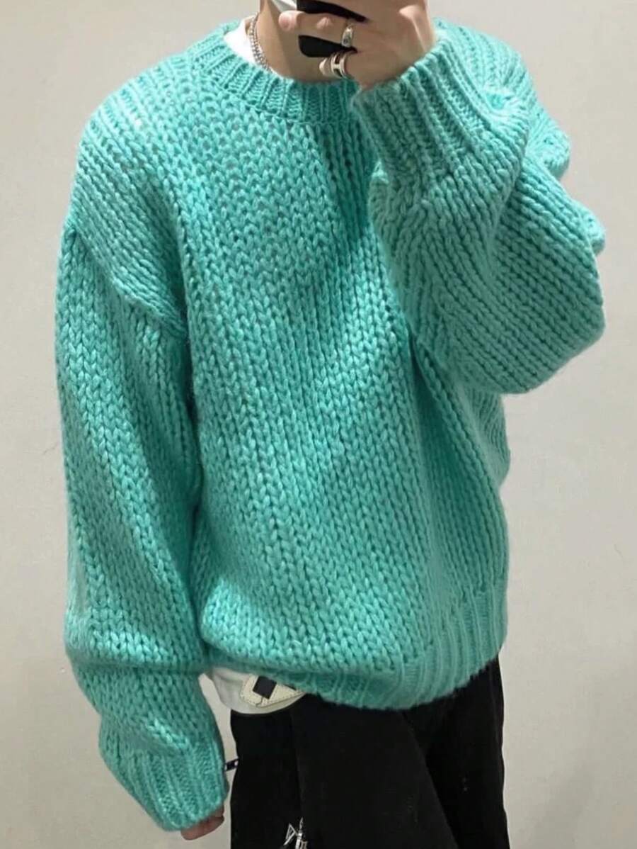 White Yueh Men's Casual Sweater, Minimalist Solid Color Crew Neck Knit Pullover, Suitable For Christmas, New Year And Other Occasions, Long Sleeve Top - Mint Green - View 1