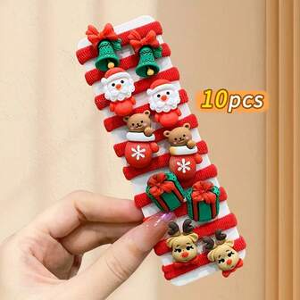 10pcs Honey Style Christmas Themed Elastic Hair Ties Resin Crafted Cartoon Santa Reindeer Festive Hair Accessories Mixed Color High Elasticity Hair Bands For Holiday Celebrations, Halloween, Halloween Decoration