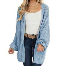 Womens Cardigan Solid Color Long Sleeve Open Front Chunky Knit Sweater Outwear - Blue - View 1