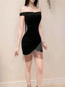 Vestido de Festa Elegante com Ombros de Fora, Bordado de Pérolas em Cor Sólida com Borlas para Mulheres, Vestido de Coquetel Semi Formal para Festa de Formatura, Aniversário, Convidado de Casamento, Formatura, Jantar, Homecoming