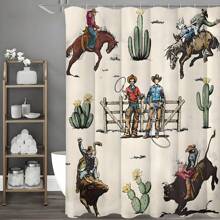 1pc Western Cowboy Shower Curtain, Farmhouse Rodeo Riding Horse Bull Vintage Wild West Rustic Cactus Country Shower Curtain, 12 Packs Hooks Home Bathroom Decor Fall Decor Bathroom Accessories Back To School