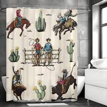 1pc Western Cowboy Shower Curtain, Farmhouse Rodeo Riding Horse Bull Vintage Wild West Rustic Cactus Country Shower Curtain, 12 Packs Hooks Home Bathroom Decor Fall Decor Bathroom Accessories Back To School