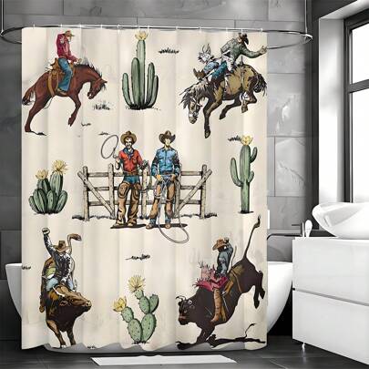 1 pieza Cortina de ducha de vaquero occidental, cortina de ducha rústica de granja de rodeo, montar a caballo, toro, oeste salvaje, cactus country, con 12 piezas de ganchos para decoración del hogar, baño, decoración de otoño, accesorios de baño, de vuelta a la escuela