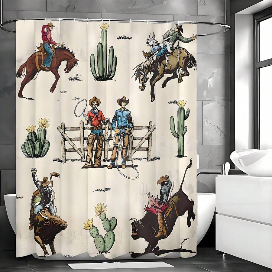 1pc Western Cowboy Shower Curtain, Farmhouse Rodeo Riding Horse Bull Vintage Wild West Rustic Cactus Country Shower Curtain, 12 Packs Hooks Home Bathroom Decor Fall Decor Bathroom Accessories Back To School
