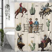 1pc Western Cowboy Shower Curtain, Farmhouse Rodeo Riding Horse Bull Vintage Wild West Rustic Cactus Country Shower Curtain, 12 Packs Hooks Home Bathroom Decor Fall Decor Bathroom Accessories Back To School