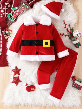 3pcs Kids Christmas Thick Long Sleeve Top And Long Pants Set, Autumn/Winter