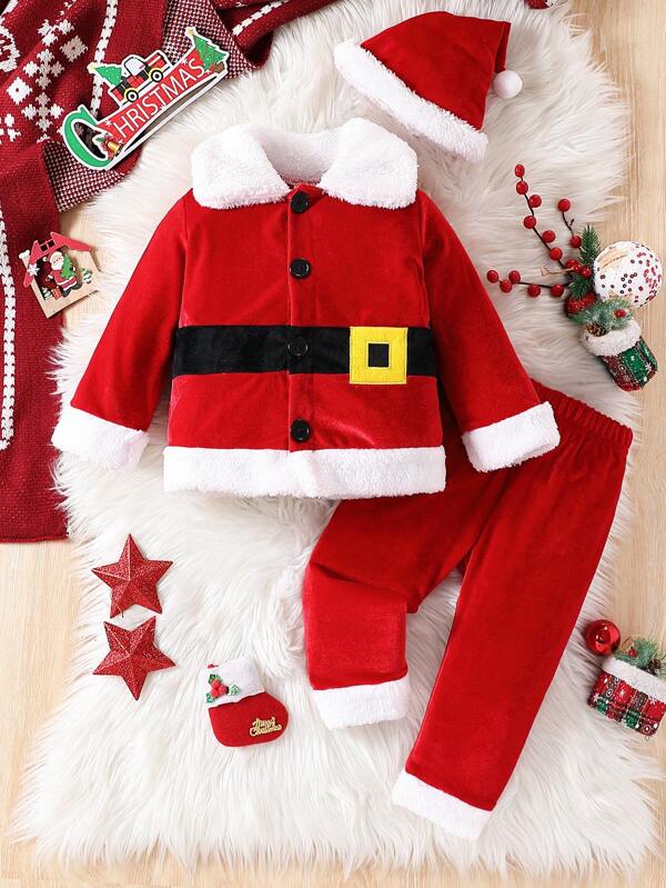 3pcs Kids Christmas Thick Long Sleeve Top And Long Pants Set, Autumn/Winter