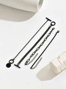 4pcs/Set Punk Metal Style Hollow Chain & Disc Pendant Bracelet (Special Material, Avoid Contact With Water)
