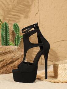女士16厘米超高跟露趾绑带防水厚底性感凉鞋，尺码35-42，春夏穿搭 - 黑色 - 查看 3