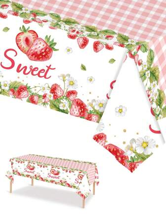 3 件 137*274 厘米/54*108 英寸一次性桌布，可爱水彩草莓图案，适合各种主题派对和日常装饰，圣诞节