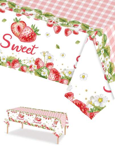 3 件 137*274 厘米/54*108 英寸一次性桌布，可爱水彩草莓图案，适合各种主题派对和日常装饰，圣诞节