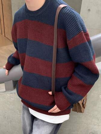 Vit Yue herrfärgblocksrandig rundhalsad lös avslappnad pullovertröja, lämplig för jul- och nyårsoutfit, långärmad topp