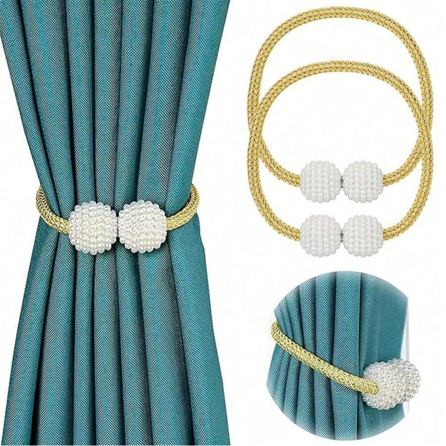 4/6 PCS Magnetic Curtain Rope Loops, Faux Pearl Curtain Decorative Buttons, Curtain Rope Straps For Home And Office, Cute Curtain Rings Curtain Beads (Gold/Grey/Beige/Blue)