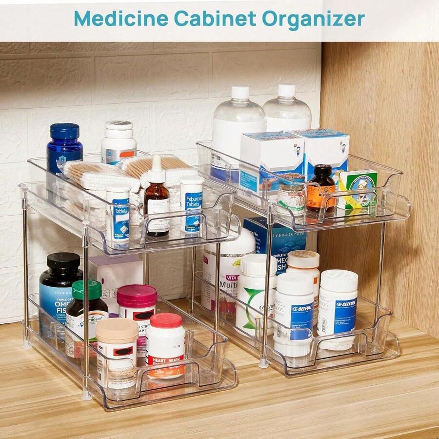 4 Pack 2 Tier Bathroom Under Sink Organizers And Storage, Clear Kitchen
