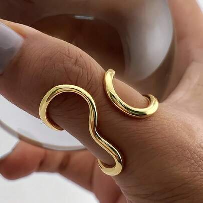 1 Stück modischer asymmetrischer wellenförmiger verstellbarer offener Edelstahl-Ring für Damen, für Alltag/Party