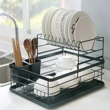 Living And Home 2-Tier Dish Drainer Rack,Dish Drying Rack,Kitchen Dish Rack,Kitchen Storage Shelf Organizer,Space-Saving Stainless Steel Cutlery Drying Rack With Detachable Drainboard,Perfect Kitchen Countertop Solution - Black - View 1