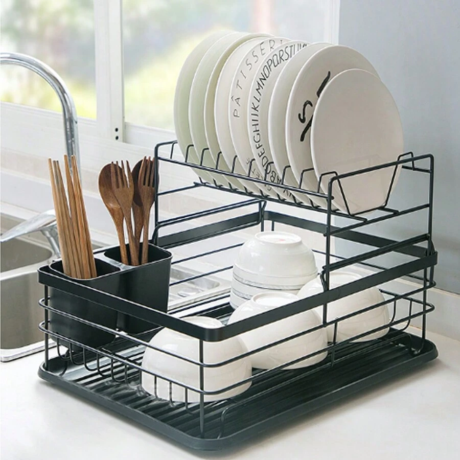 Living And Home 2-Tier Dish Drainer Rack,Dish Drying Rack,Kitchen Dish Rack,Kitchen Storage Shelf Organizer,Space-Saving Stainless Steel Cutlery Drying Rack With Detachable Drainboard,Perfect Kitchen Countertop Solution - Black - View 1
