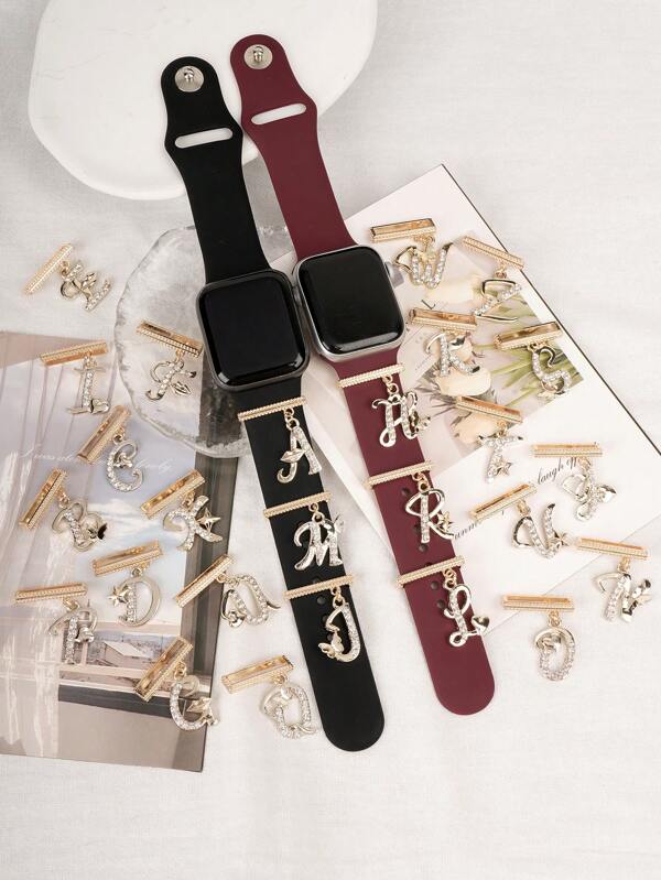 1pc Personalized Pattern Design 26 Alphabet Watch Band Charm Decoration ,Compatible With Apple Watch Band Letter Accessories Compatible With Galaxy Watch Strap Charms Decor,Perfect Birthday Gift