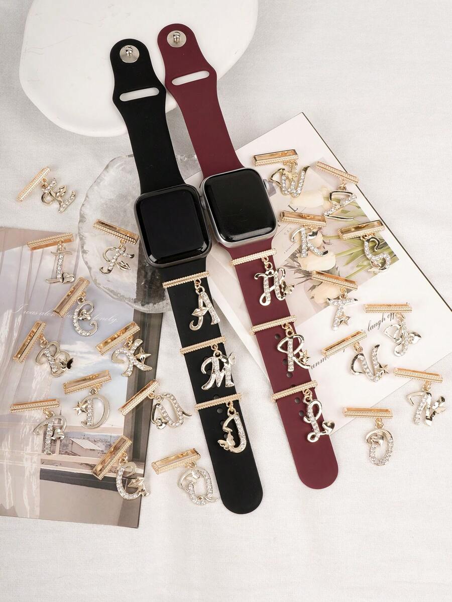1pc Personalized Pattern Design 26 Alphabet Watch Band Charm Decoration ,Compatible With Apple Watch Band Letter Accessories Compatible With Galaxy Watch Strap Charms Decor,Perfect Birthday Gift