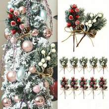 1/8pcs Cedar Branches With Berries And Holly - Suitable For DIY Christmas Tree Decor And Holiday Home Decoration - Multicolor - View 2