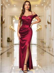 MIUSOL Off-Shoulder gerafftes Schlitzkleid mit Satin-Saum, elegantes Damenkleid geeignet für Hochzeitsgäste, Abschlussfeiern, formelle Abendessen und andere Anlässe - Rot - Übersicht 5