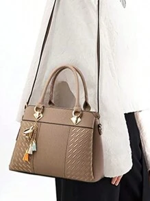 Womens Stylish Tote Bags Chic Pendant Decor HandBags Embossed Design Popular Shoulder Bags