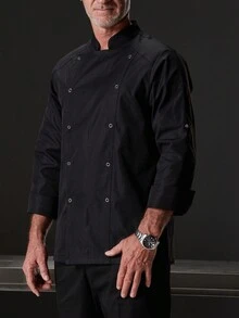 Áo khoác đầu bếp cao cấp, tay dài, vải cao cấp, bền và thoải mái, co giãn, thiết kế nút 5 chấu, chống mài mòn, thích hợp cho nhà hàng, tiệm bánh, bếp khách sạn, căng tin, mùa thu/đông/xuân, dành cho cả nam và nữ, có sẵn size lớn và size nhỏ - màu đen - Xem 6