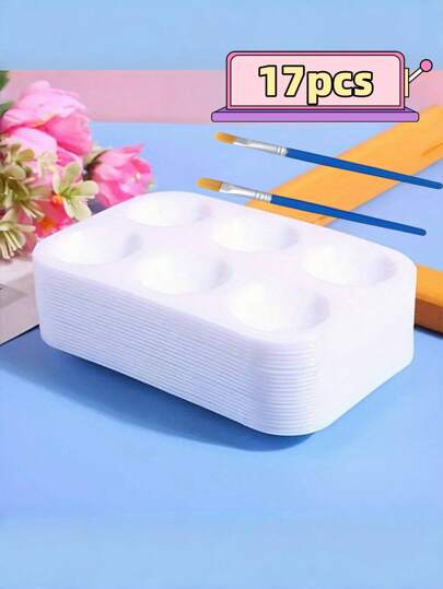 17pcs Rectangular Plastic 6-Well Palette With 2pcs 12.5cm Blue Paint Brushes, Art Supplies For Acrylic, Watercolor Painting, Compact And Easy To Carry, Easily Washable Back To School,Back To School,School Supplies