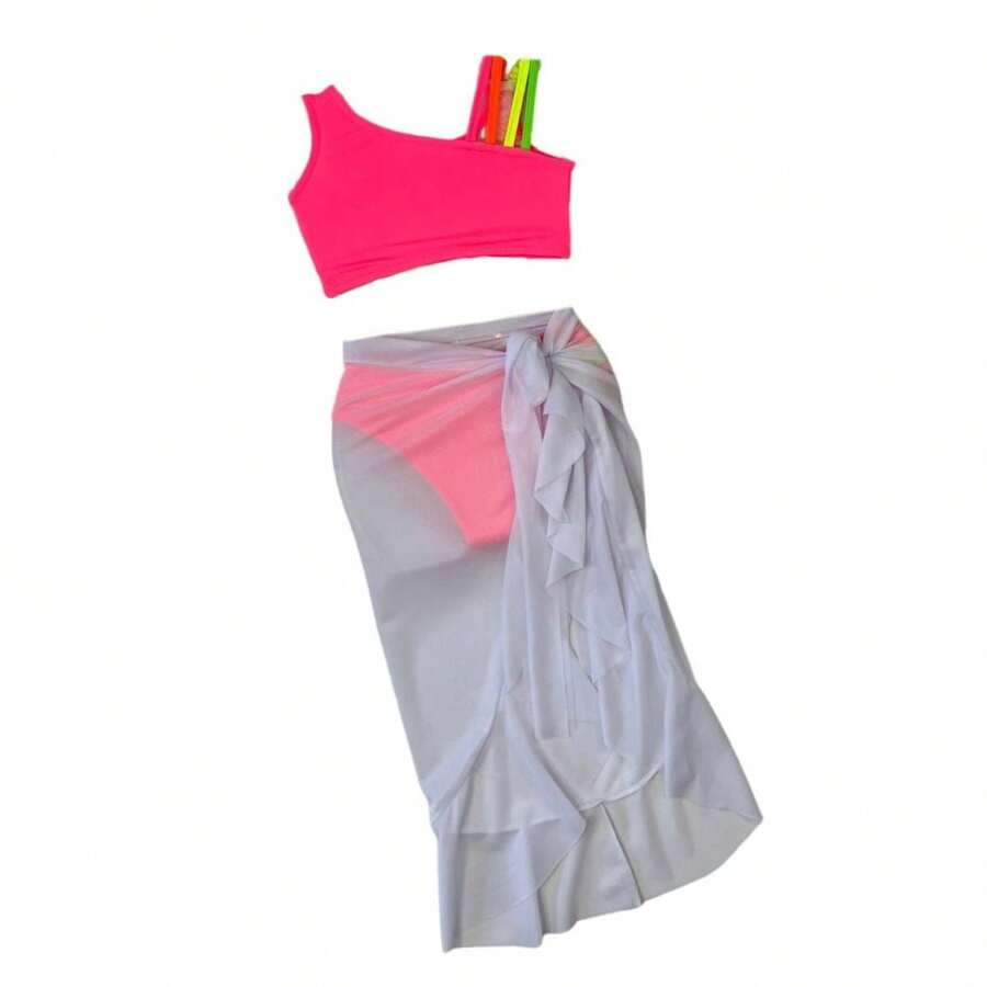 Beach Cover-Up Children's Pareo + Bikini Girls Swimsuit Summer Fashion - 粉色 - 查看 1