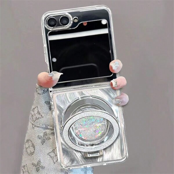 Simple Feather Glitter Phone Case With Stand, Chic Folding Phone Case With Chain, Compatible With Samsung Galaxy Z Flip3 5G/Galaxy Z Flip 4 5G/Galaxy Z Flip 5 5G/Galaxy Z Flip 6 5G, Ultra-Thin Hard Shell, Women Design