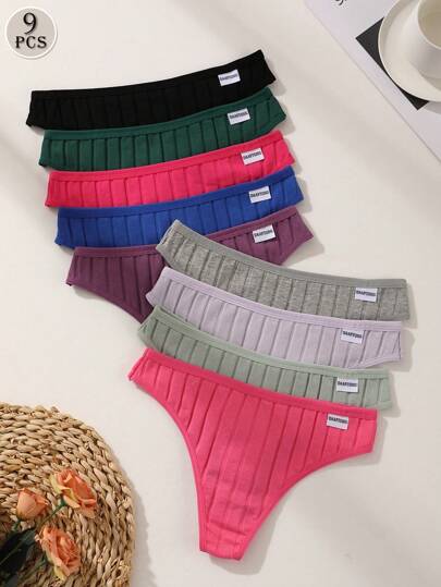 9 Pcs Women's Cotton Thongs Sexy Low-Waist Briefs Solid Color Ribbed Panties Comfortable And Breathable Sports Underwear