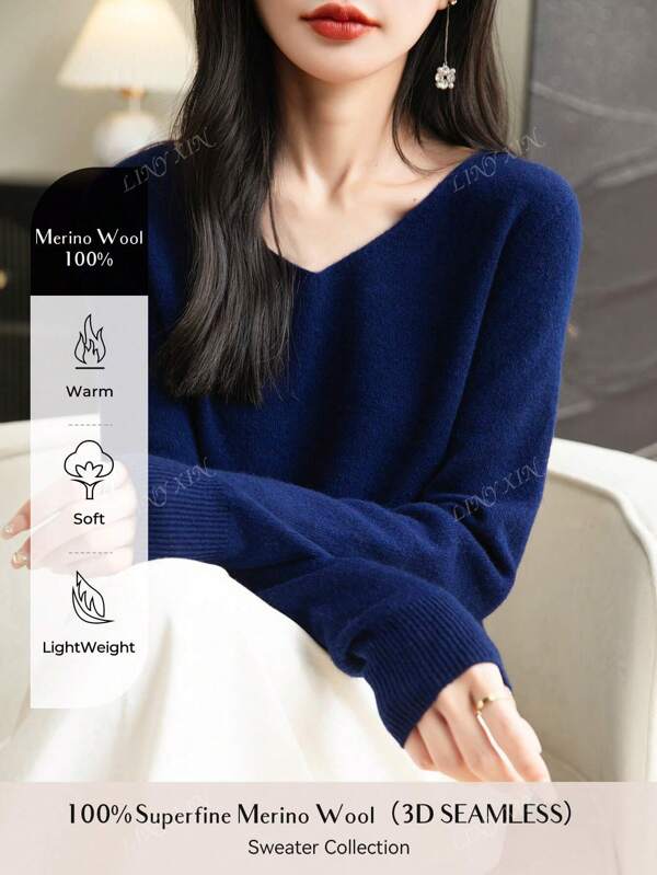 Pull-over à col en V pour femmes, en tricot doux à manches longues, sans couture, pour l'automne et l'hiver