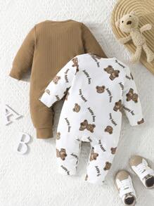 2 pièces Combinaison à manches longues pour bébé garçon avec imprimé de lettre d'ours mignon et unie, tenue pour le printemps/automne