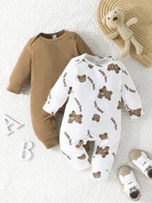 2 pièces Combinaison à manches longues pour bébé garçon avec imprimé de lettre d'ours mignon et unie, tenue pour le printemps/automne