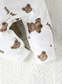 2 pièces Combinaison à manches longues pour bébé garçon avec imprimé de lettre d'ours mignon et unie, tenue pour le printemps/automne