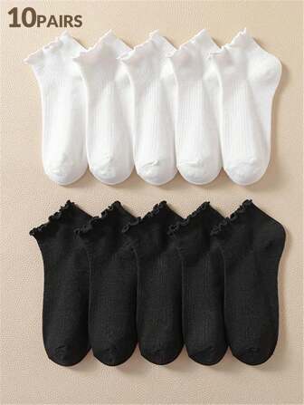 10 Pairs Women's Ankle Socks, Solid Colors Black White With Lace Trim Ribbed Stripes, Cute For Girls Students Casual Daily Wear Fits All Seasons, Fall