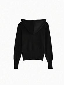 Women Plain Color Front Zipper Long Sleeve Minimalist Casual Top, Daily Wear - Black - View 2