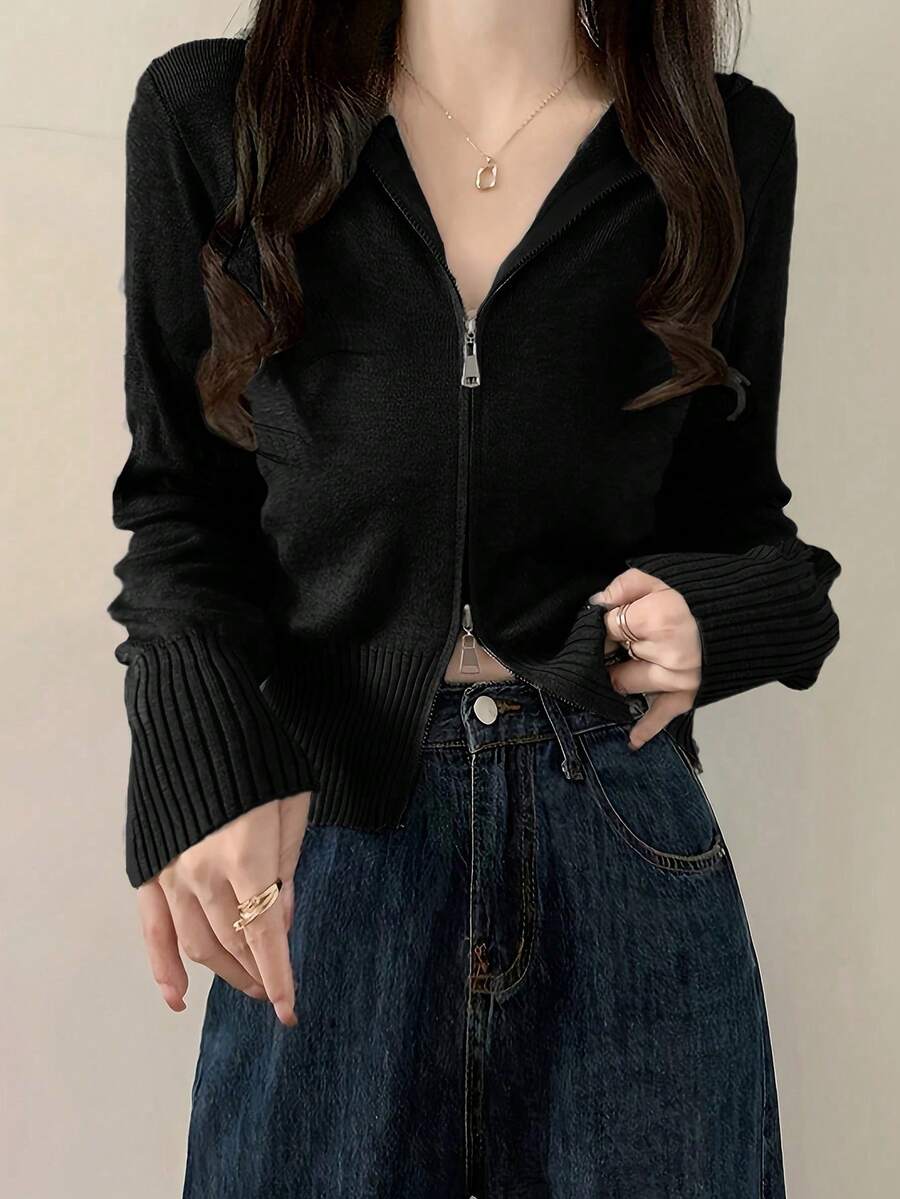 Women Plain Color Front Zipper Long Sleeve Minimalist Casual Top, Daily Wear - Black - View 1