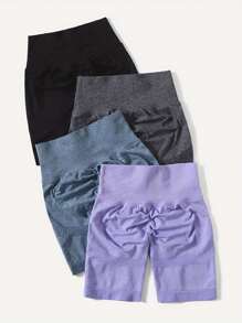 Women 4pcs Solid Color High-Waisted Simple Casual Sports Shorts Spandex Shorts Women Boxer Shorts