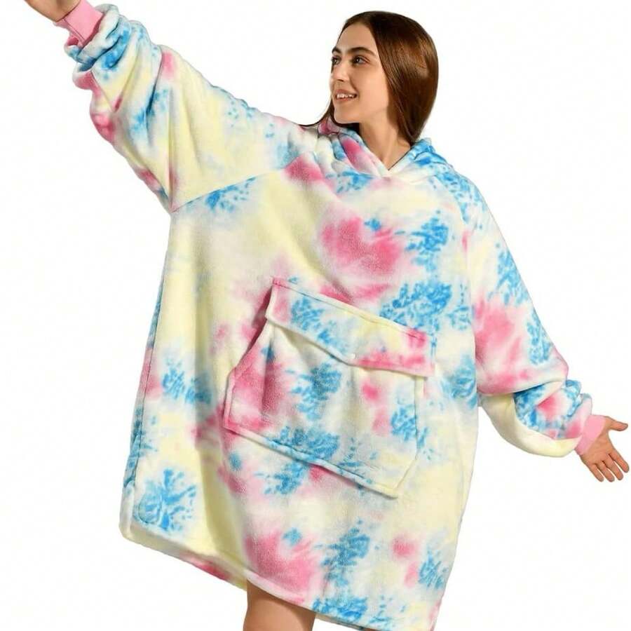 Krifey Wearable Blanket Hoodie, Oversized Sherpa Hooded As Birthday Gifts For Mom Women Girlfriend Men, Cozy Sweatshirt With Giant Pocket - Nhuộm tie-dye màu hồng - Xem 1
