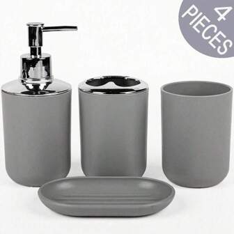 4 Pieces Bathroom Accessory Set Luxury Bath Accessories Plastic & Stainless Steel Bath Set Lotion Bottles,Toothbrush Holder,Tooth Mug,Soap Dish,Birthday, Housewarming,Holiday Gift Set,Christmas Gift Set ( Black,White,Gray, Beige)