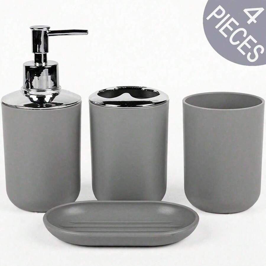 Bộ 4 món phụ kiện phòng tắm cao cấp, chất liệu nhựa và thép không gỉ, bao gồm chai sữa dưỡng thể, giá đựng bàn chải đánh răng, cốc đựng bàn chải đánh răng, khay đựng xà phòng, thích hợp làm quà tặng sinh nhật, tân gia, ngày lễ, Giáng sinh (Màu đen, trắng, xám, be) - Nhiều màu - Xem 1