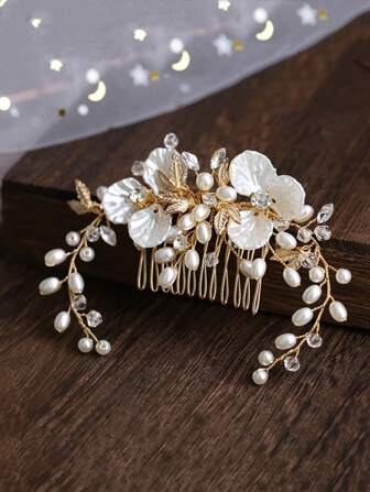 1pc Pearl Flower Headpiece, Gold Leaf Hair Comb, Bridal Wedding Accessories, Girls Party Decorative Hair Clip