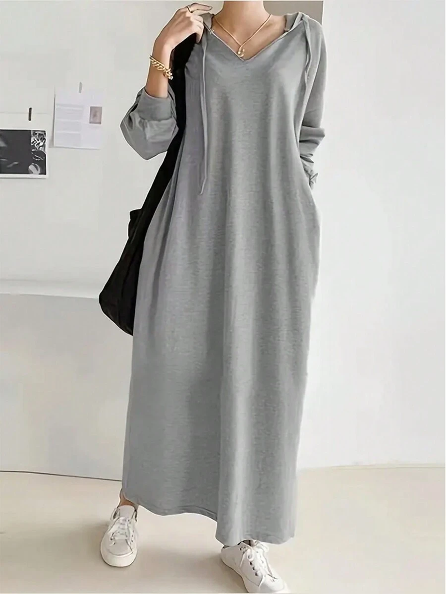 Long Hooded Drawstring Sweater Dress, With Zipper, Pockets, Slim Fit Waist Cinched, 180G Knitted Fabric