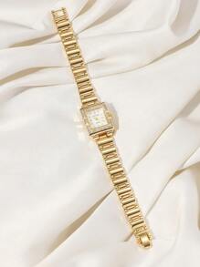 1pc Women's Stainless Steel Dual Tone Strap Classic Fashionable Square Quartz Watch With Crystals, Petite Design